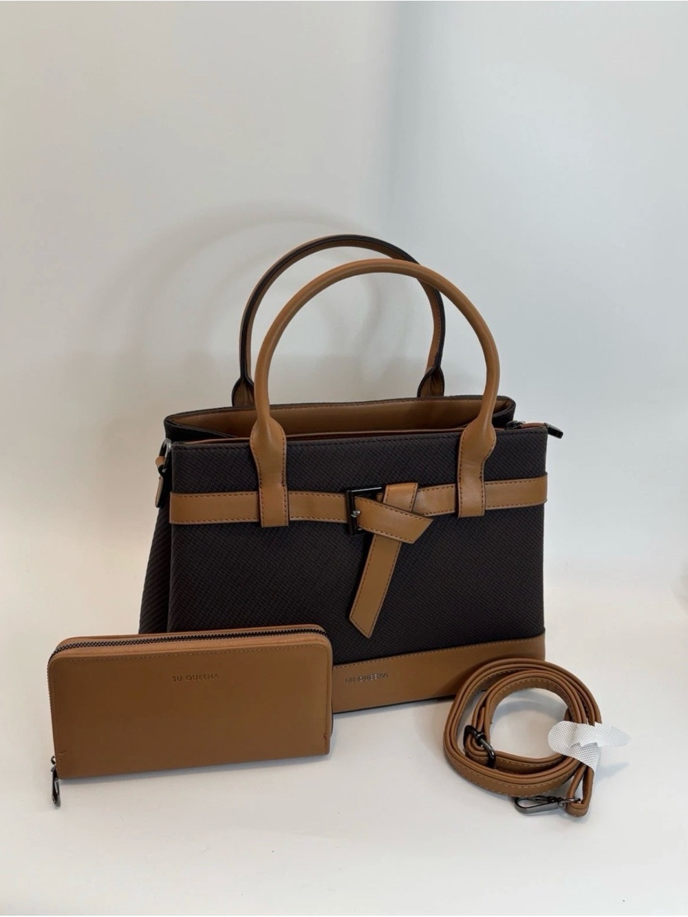Su Queena Coffee Cosima Bow Handbag with Shoulder/Crossbody Strap & Wallet NWOT